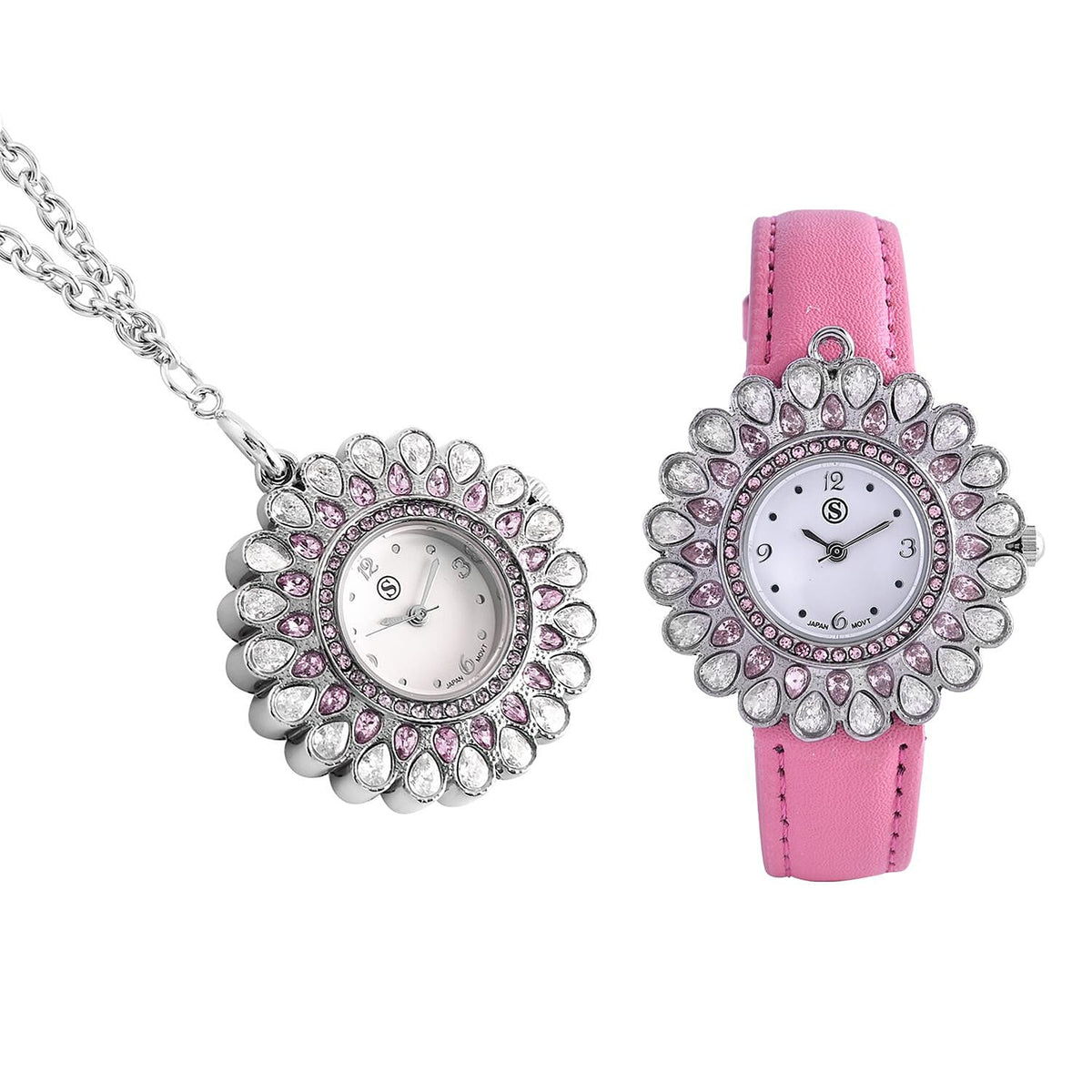 2 Piece Set - STRADA Japanese Movement Floral Design Water Resistant Watch with Pink Colour Strap and Pendant with Chain (Size 28) 4118513 0