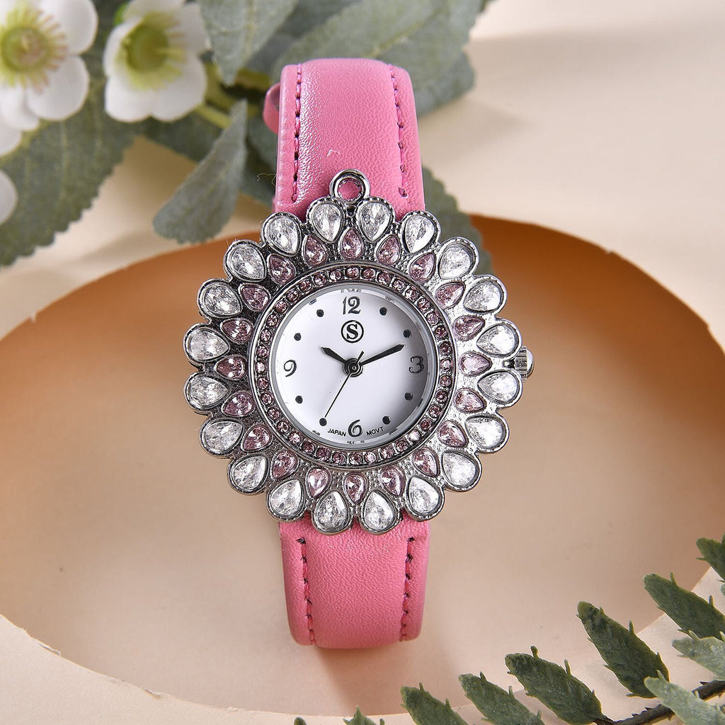 2 Piece Set - STRADA Japanese Movement Floral Design Water Resistant Watch with Pink Colour Strap and Pendant with Chain (Size 28)