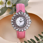 2 Piece Set - STRADA Japanese Movement Floral Design Water Resistant Watch with Pink Colour Strap and Pendant with Chain (Size 28)