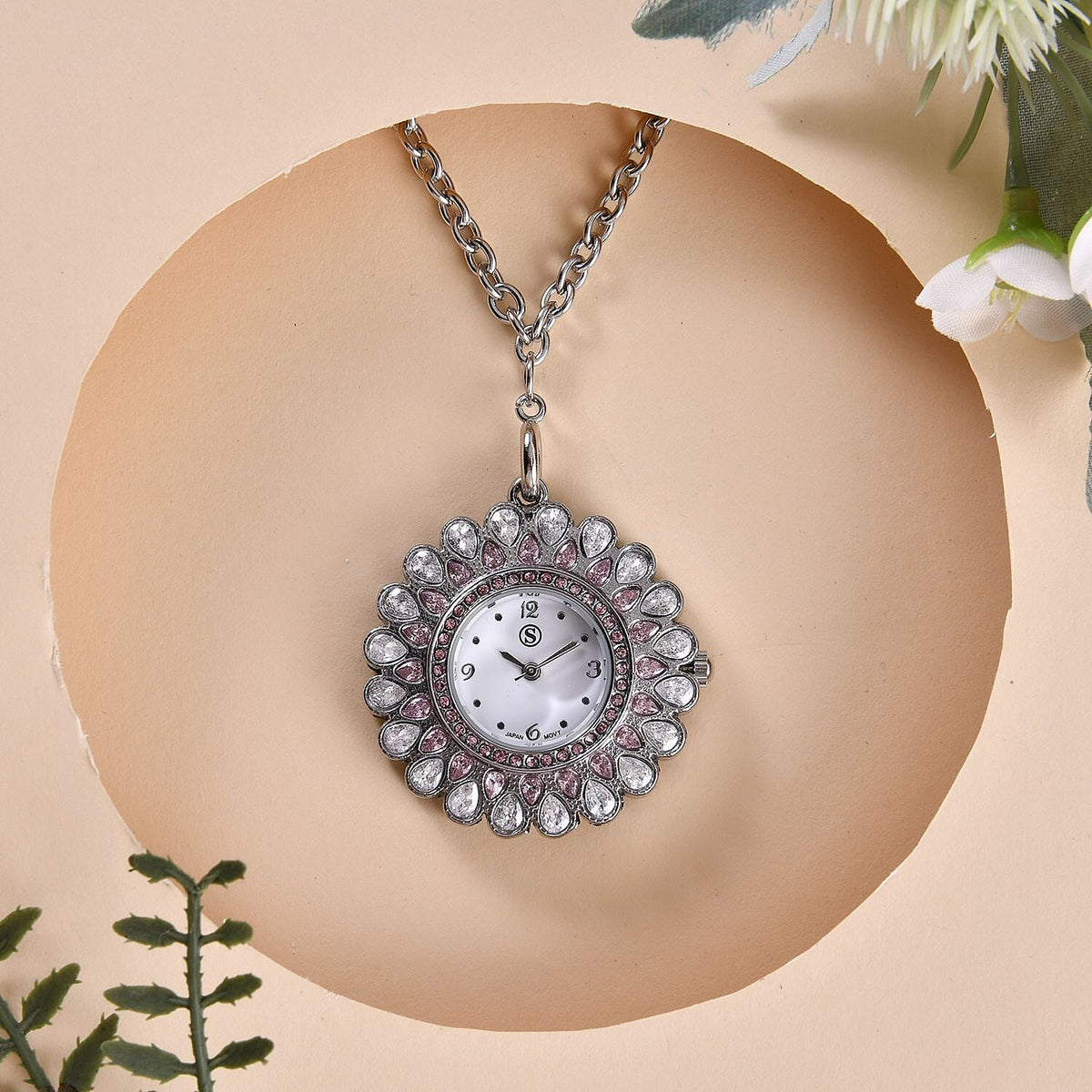 2 Piece Set - STRADA Japanese Movement Floral Design Water Resistant Watch with Pink Colour Strap and Pendant with Chain (Size 28) 4118513 2