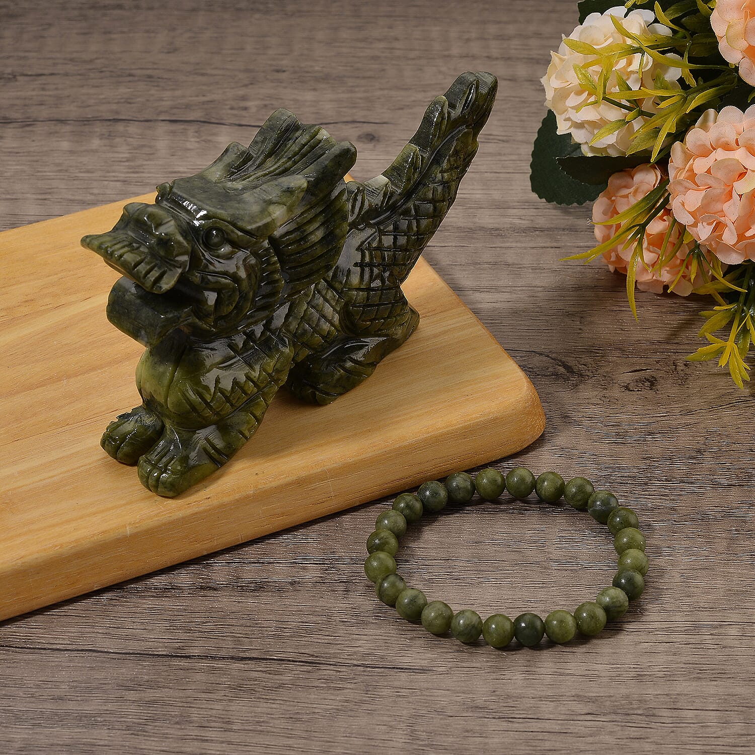 Free Standing Serpentine (Chinese Jade) Handcrafted Dragon Figurine with Free Bracelet 1995. Ct. 4413667 2