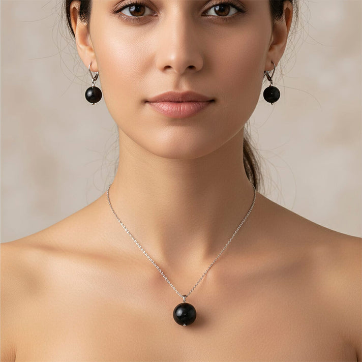 2 Piece Set - Natural Shungite Beads Lever Back Drop Earrings and Pendant with Chain (Size 20) 45.00 Ct. 4452481 2