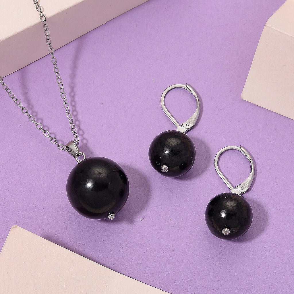2 Piece Set - Natural Shungite Lever Back Earrings and Pendant with Chain (Size 20) 45.00 Ct.