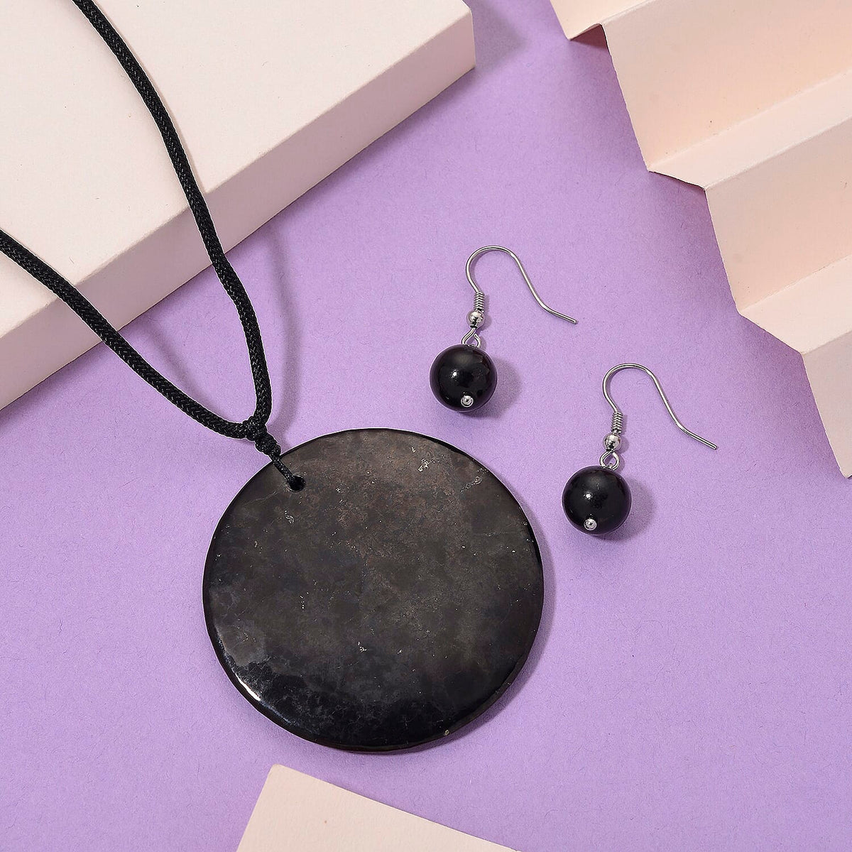 2 Piece Set - Natural Shungite Stone Necklace (Size 30 NE-Adjust) and Dangling Push Back Earring 110.00 Ct. 4412205 2