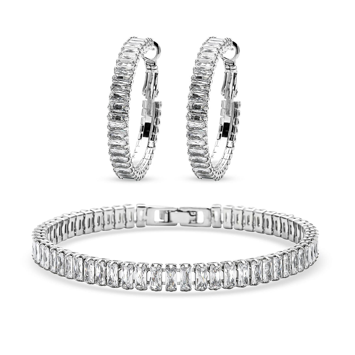 2 Piece Set - Simulated Diamond Bracelet (Size 7.5) and Hoop Earrings in Silver Tone 4074414 2