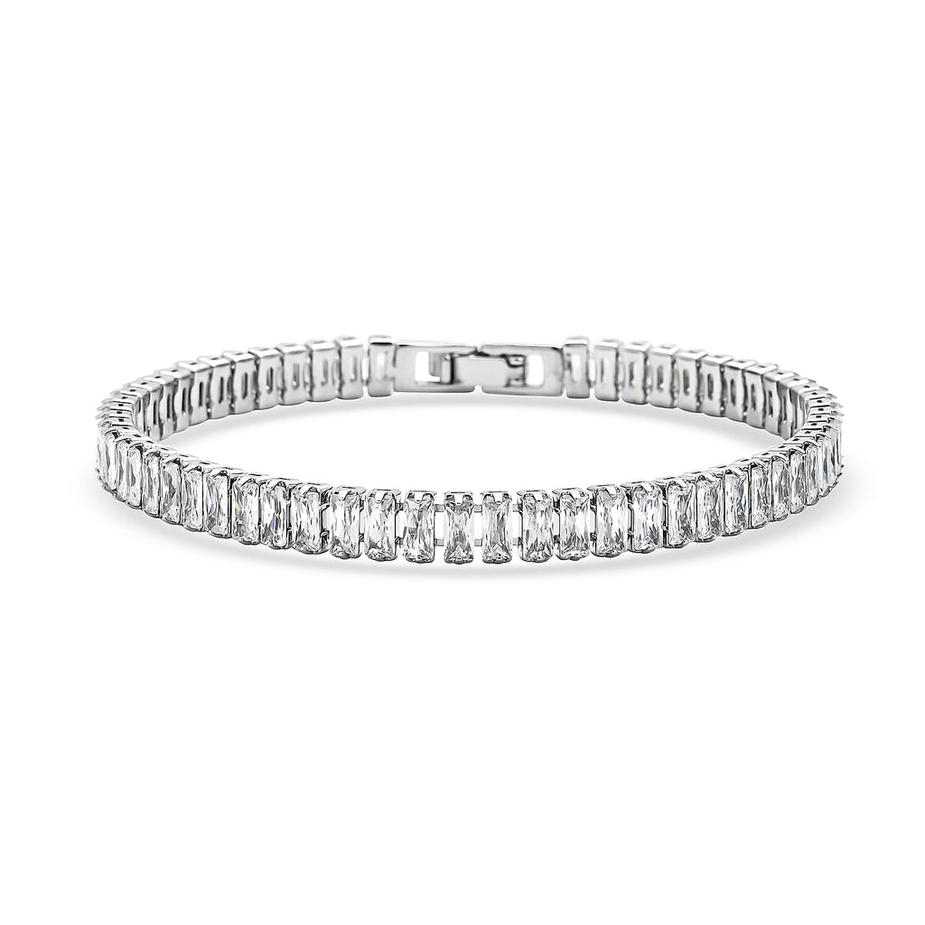 2 Piece Set - Simulated Diamond Bracelet (Size 7.5) and Hoop Earrings in Silver Tone