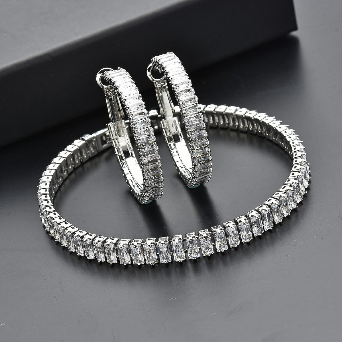 2 Piece Set - Simulated Diamond Bracelet (Size 7.5) and Hoop Earrings in Silver Tone 4074414 3