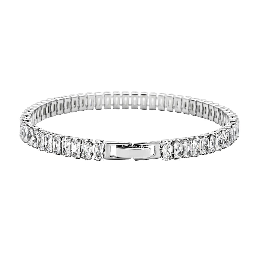 2 Piece Set - Simulated Diamond Bracelet (Size 7.5) and Hoop Earrings in Silver Tone