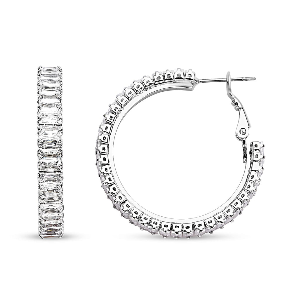2 Piece Set - Simulated Diamond Bracelet (Size 7.5) and Hoop Earrings in Silver Tone