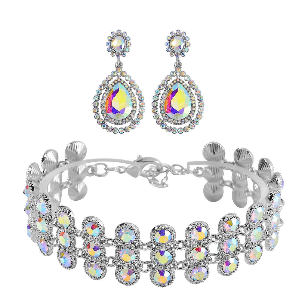 2 Piece Set - Mystic White Austrian Crystal Bracelet (Size 7.5-2) and  Dangle Earrings