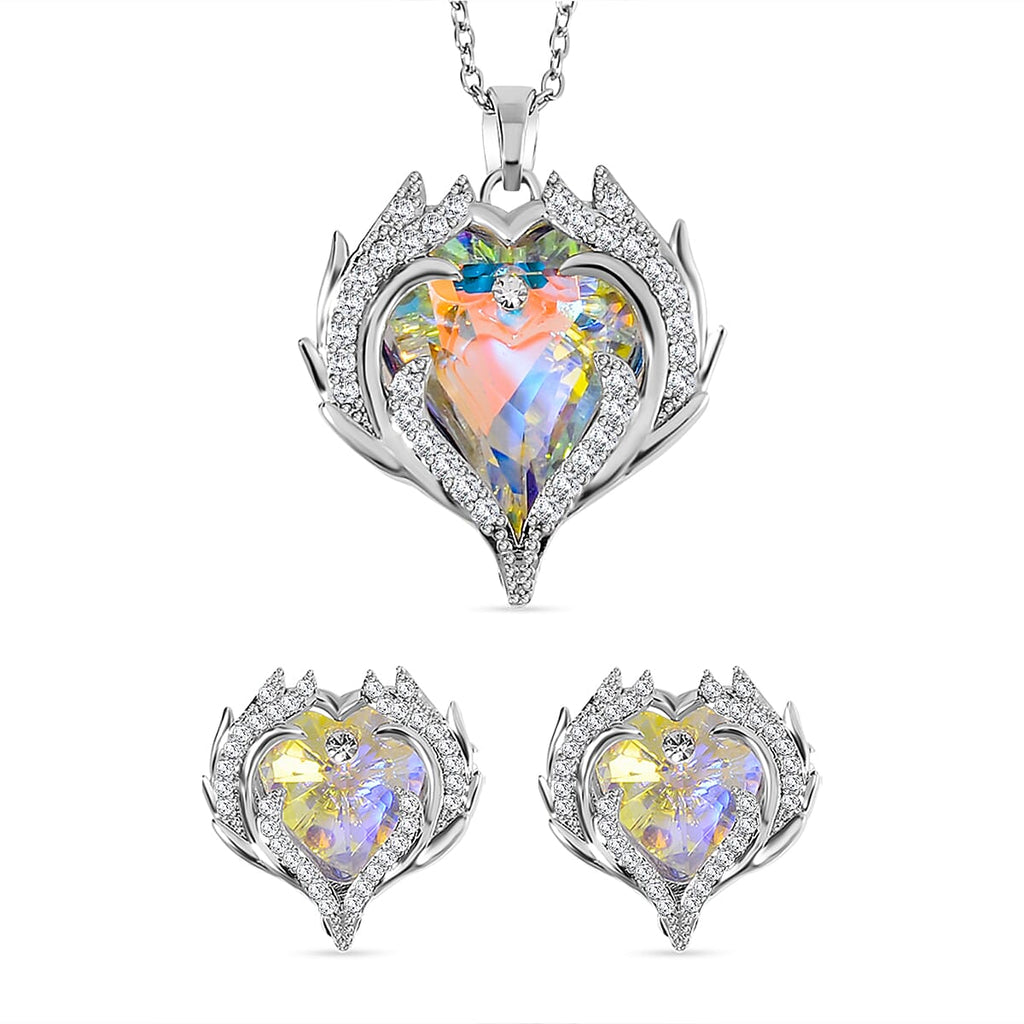2 Piece Set -  Simulated Mystic White Austrian Crystal & White Austrian Crystal Heart Necklace (Size 20-2) and Earrings
