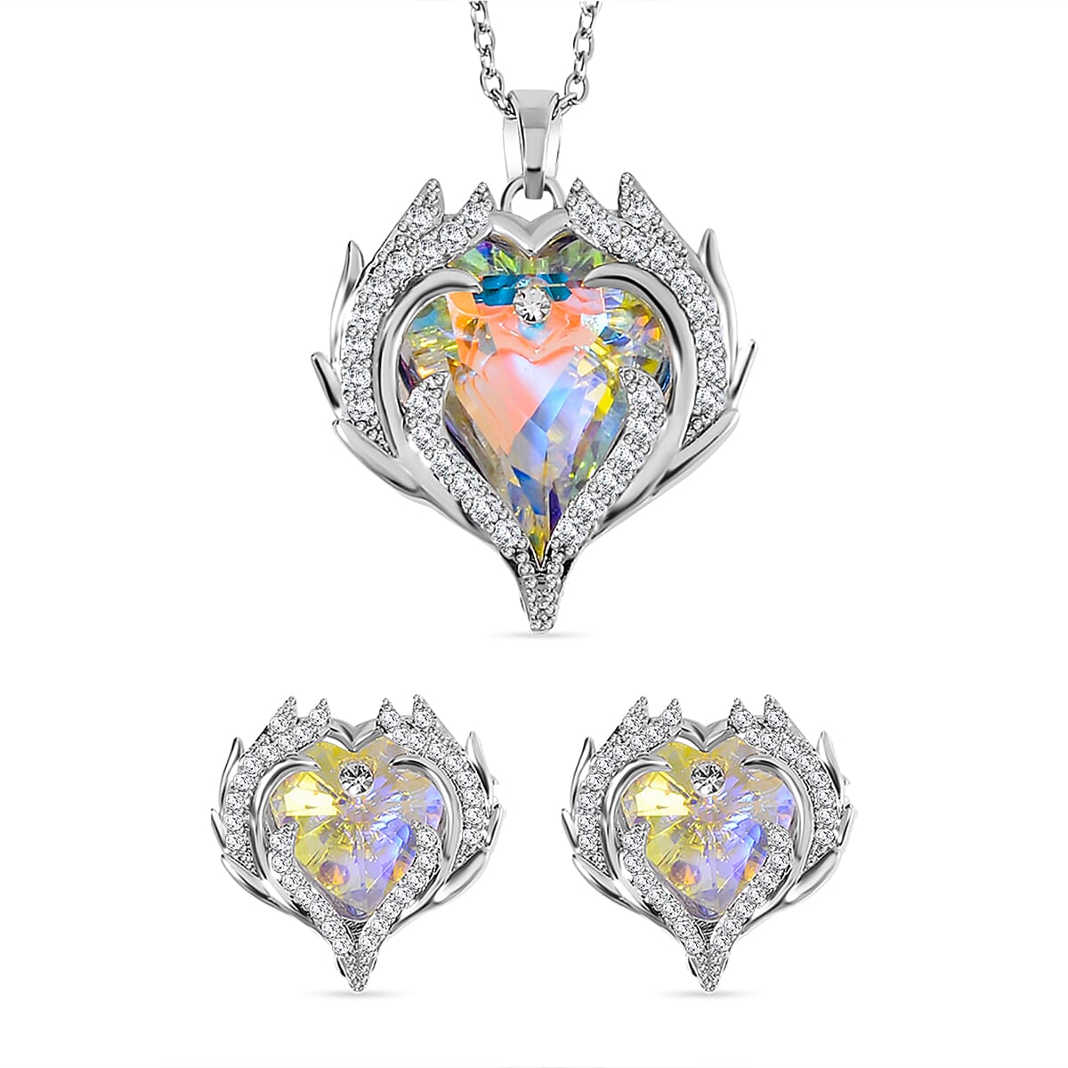 2 Piece Set -  Simulated Mystic White Austrian Crystal &amp; White Austrian Crystal Heart Necklace (Size 20-2) and Earrings 4249431 0