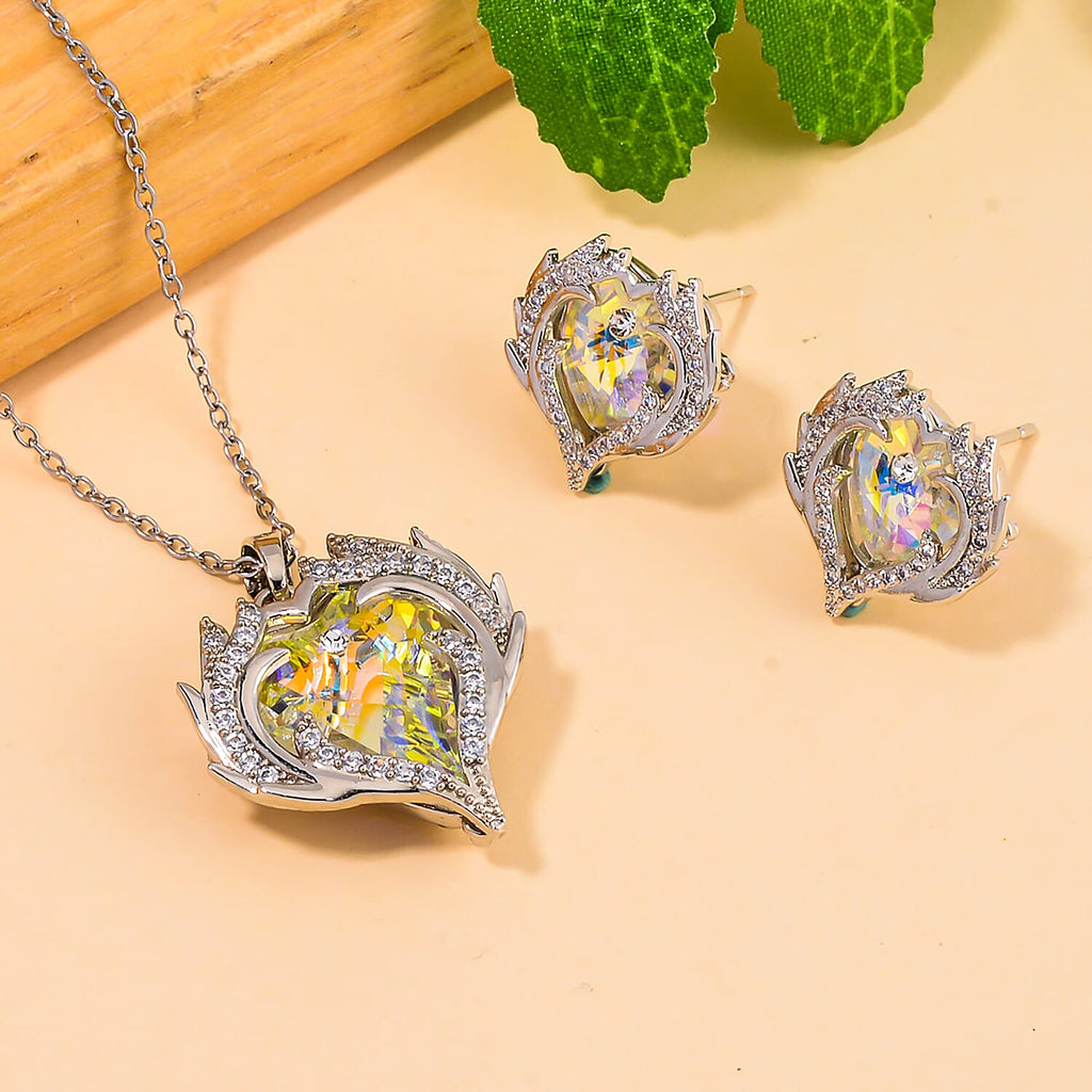 2 Piece Set -  Simulated Mystic White Austrian Crystal & White Austrian Crystal Heart Necklace (Size 20-2) and Earrings