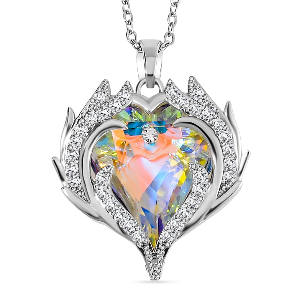 2 Piece Set -  Simulated Mystic White Austrian Crystal & White Austrian Crystal Heart Necklace (Size 20-2) and Earrings