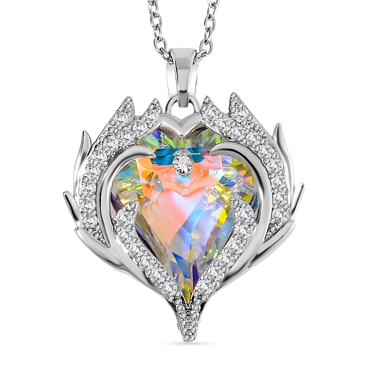2 Piece Set -  Simulated Mystic White Austrian Crystal &amp; White Austrian Crystal Heart Necklace (Size 20-2) and Earrings 4249431 2