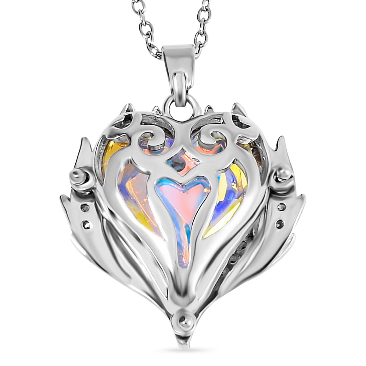 2 Piece Set -  Simulated Mystic White Austrian Crystal &amp; White Austrian Crystal Heart Necklace (Size 20-2) and Earrings 4249431 4