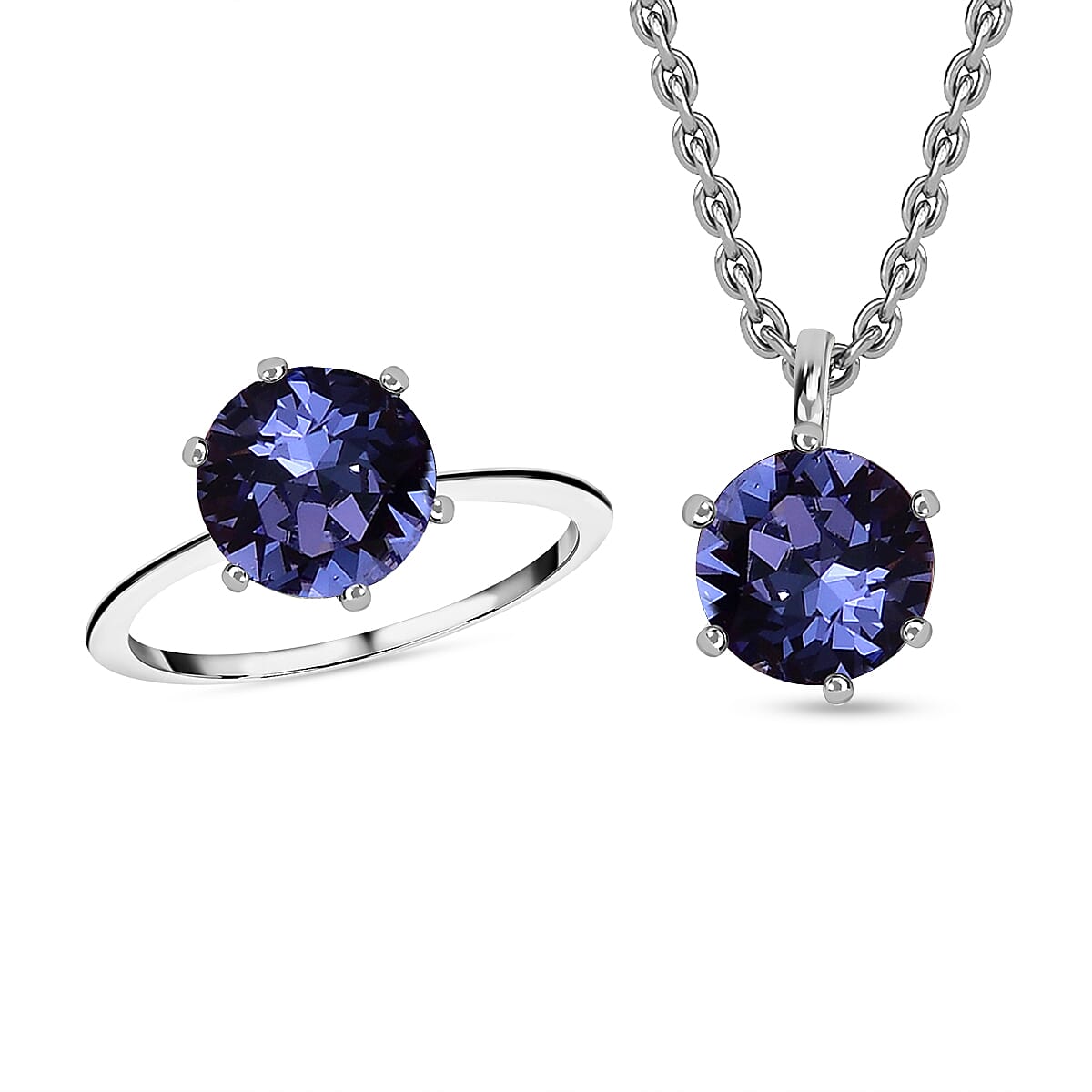2 Piece Set - Tanzanite Austrian Crystal Ring &amp; Pendant in Sterling Silver with Stainless Steel Chain (Size 20) 3.32 Ct. 4166198 0