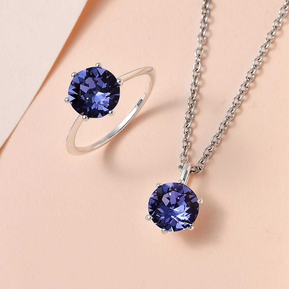 2 Piece Set - Tanzanite Austrian Crystal Ring &amp; Pendant in Sterling Silver with Stainless Steel Chain (Size 20) 3.32 Ct. 4166198 1