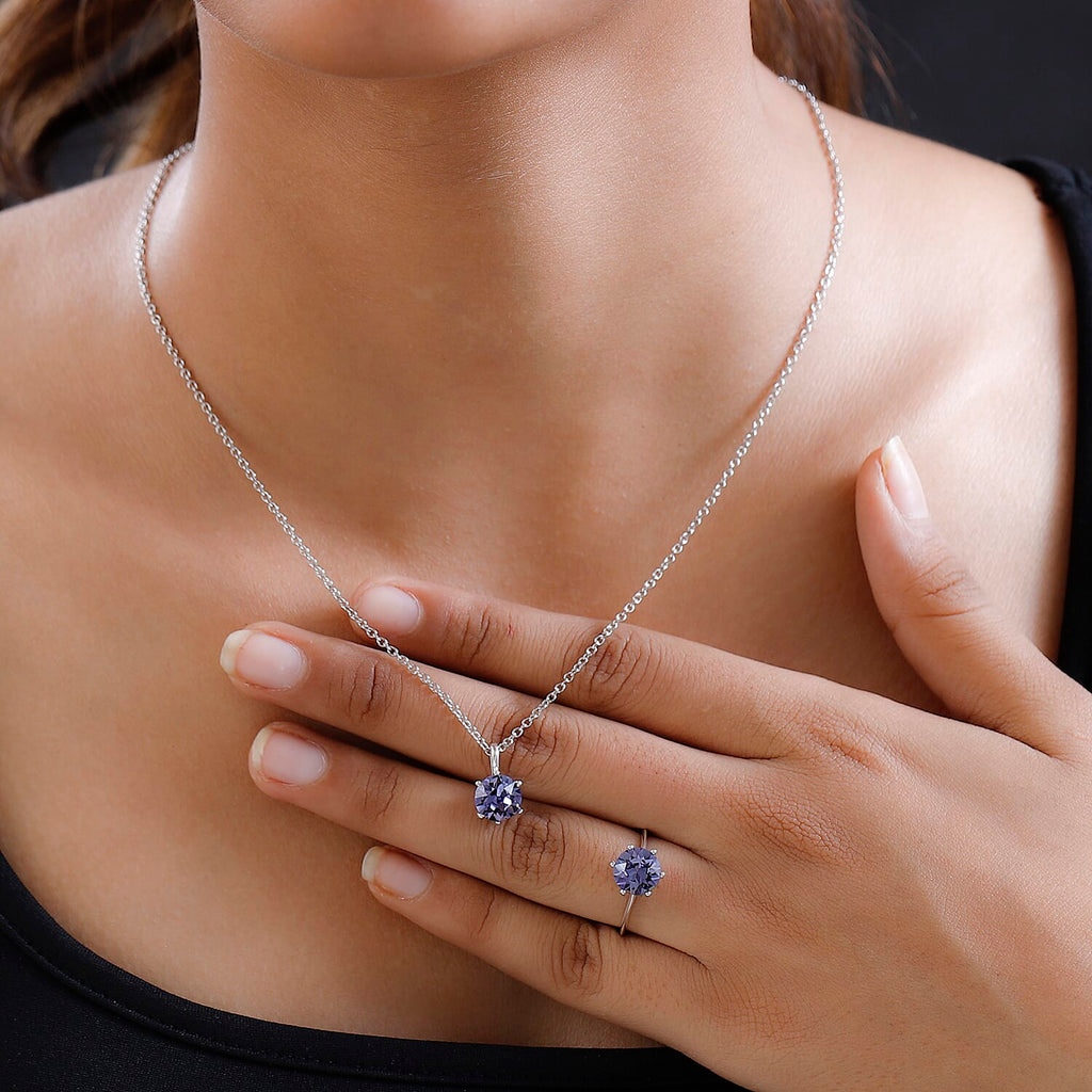 2 Piece Set - Tanzanite Austrian Crystal Ring & Pendant in Sterling Silver with Stainless Steel Chain (Size 20) 3.32 Ct.