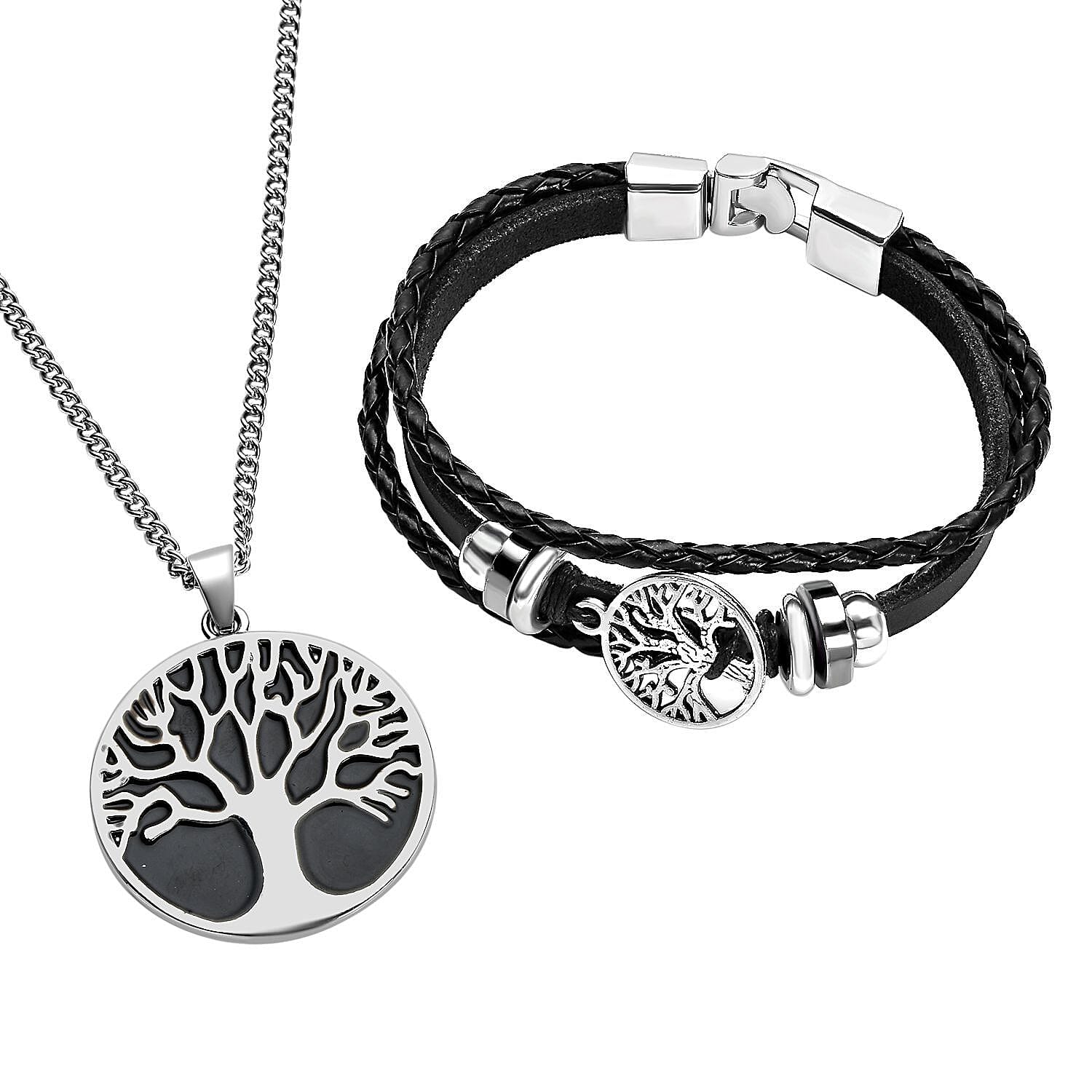 2 Piece Set - Tree of Life Enamelled Necklace (Size 28-2 Ext.) and Genuine Leather Bracelet (Size 8) with Lobster Clasp 4110050 0