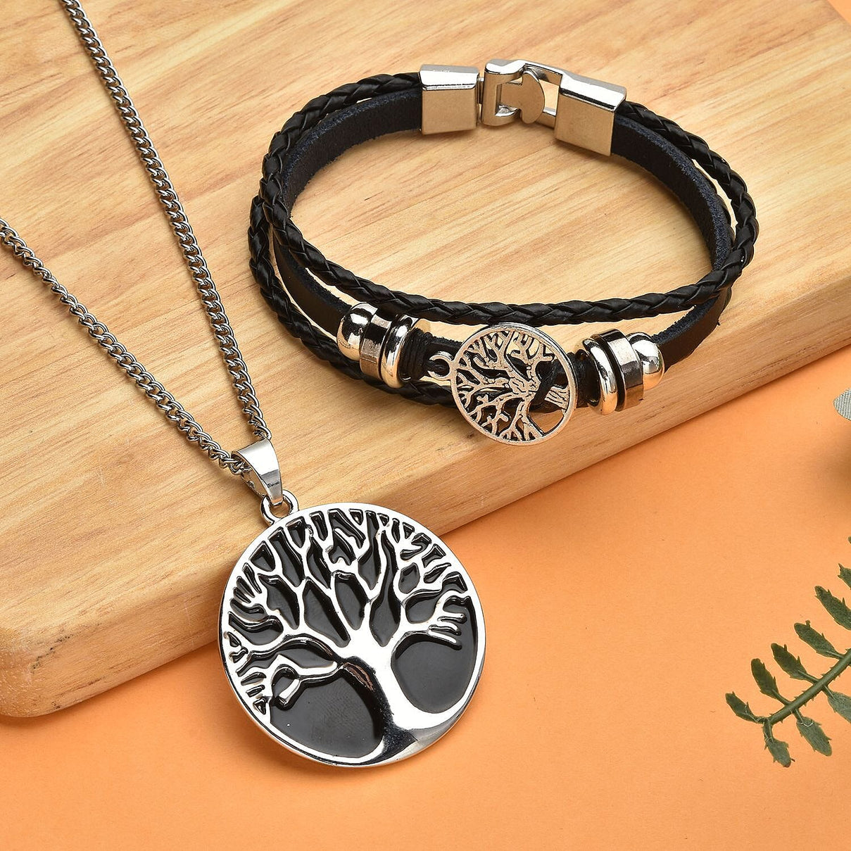 2 Piece Set - Tree of Life Enamelled Necklace (Size 28-2 Ext.) and Genuine Leather Bracelet (Size 8) with Lobster Clasp 4110050 2