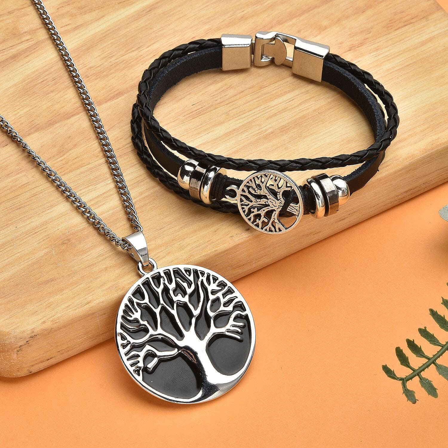 2 Piece Set - Tree of Life Enamelled Necklace (Size 28-2 Ext.) and Genuine Leather Bracelet (Size 8) with Lobster Clasp 4110050 2