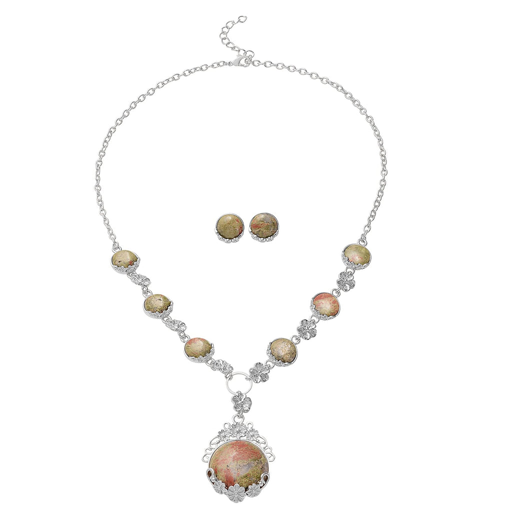 2 Piece Set - Unakite Station Necklace (Size 20) and Stud Earrings in Silver Tone