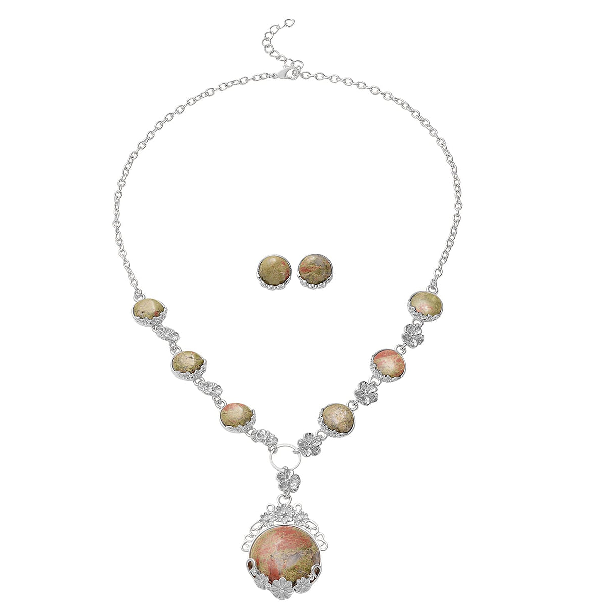 2 Piece Set - Unakite Station Necklace (Size 20) and Stud Earrings in Silver Tone 4045150 0