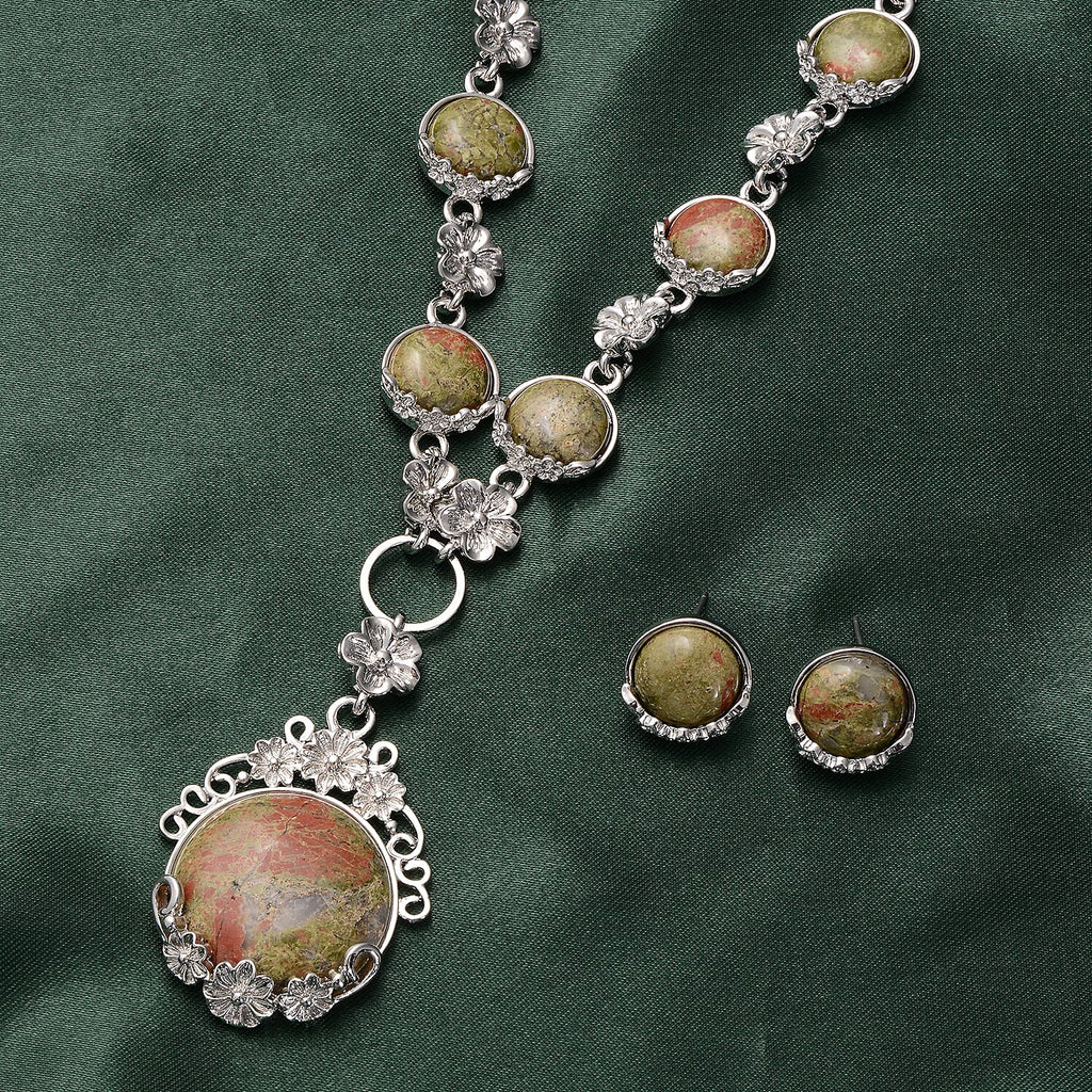 2 Piece Set - Unakite Station Necklace (Size 20) and Stud Earrings in Silver Tone