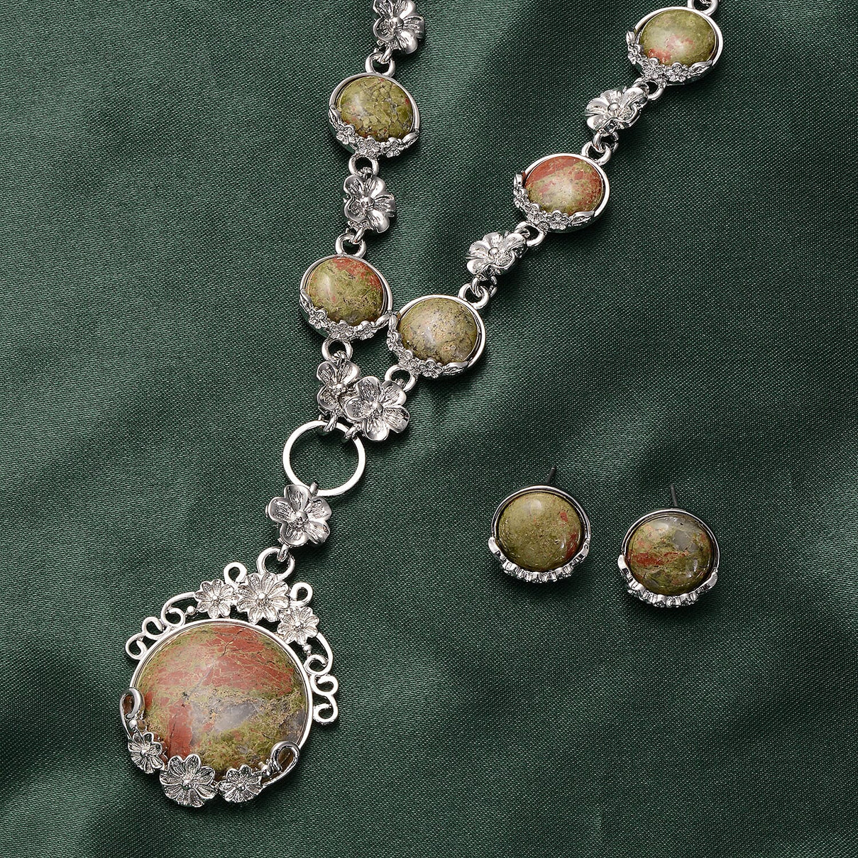 2 Piece Set - Unakite Station Necklace (Size 20) and Stud Earrings in Silver Tone 4045150 2