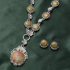 2 Piece Set - Unakite Station Necklace (Size 20) and Stud Earrings in Silver Tone