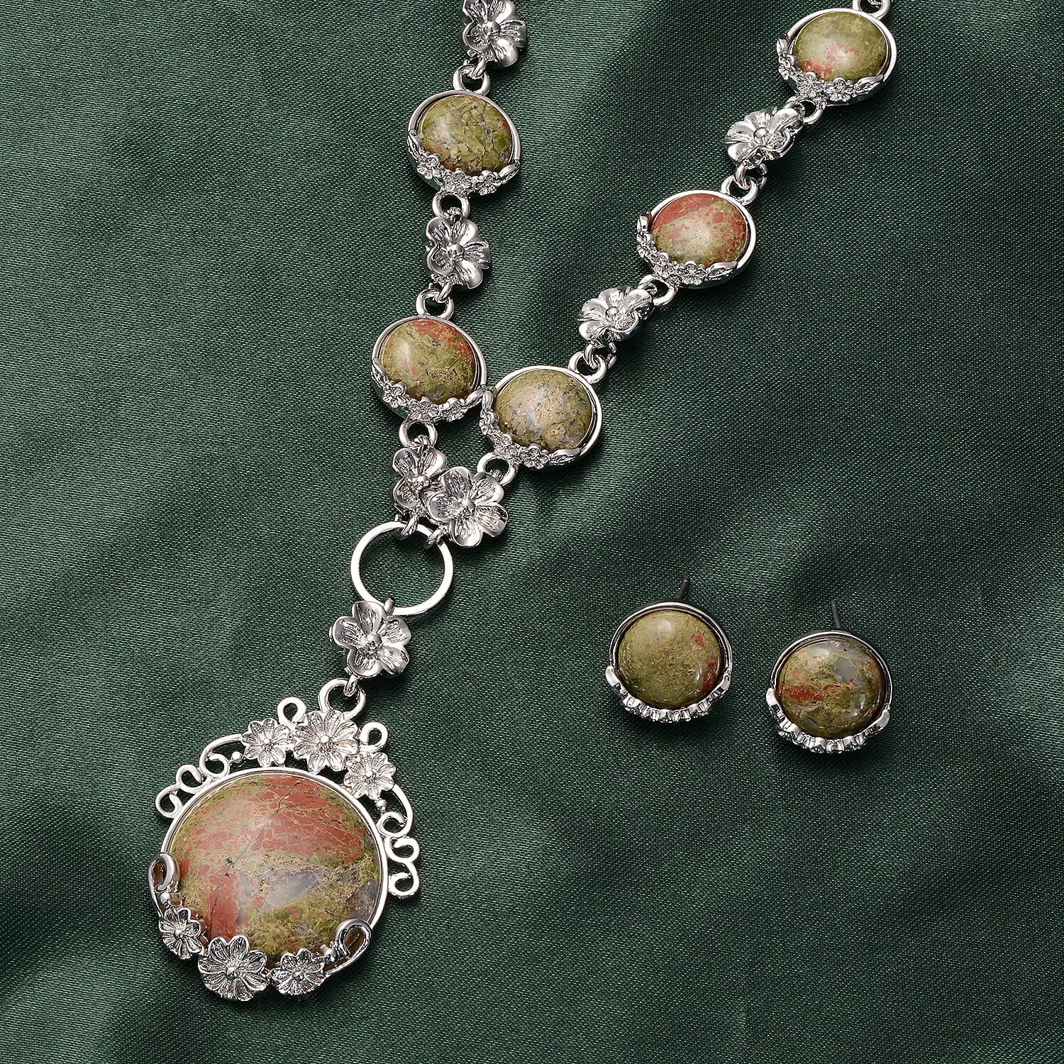2 Piece Set - Unakite Station Necklace (Size 20) and Stud Earrings in Silver Tone 4045150 2