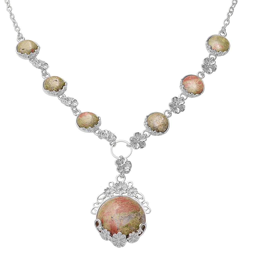2 Piece Set - Unakite Station Necklace (Size 20) and Stud Earrings in Silver Tone