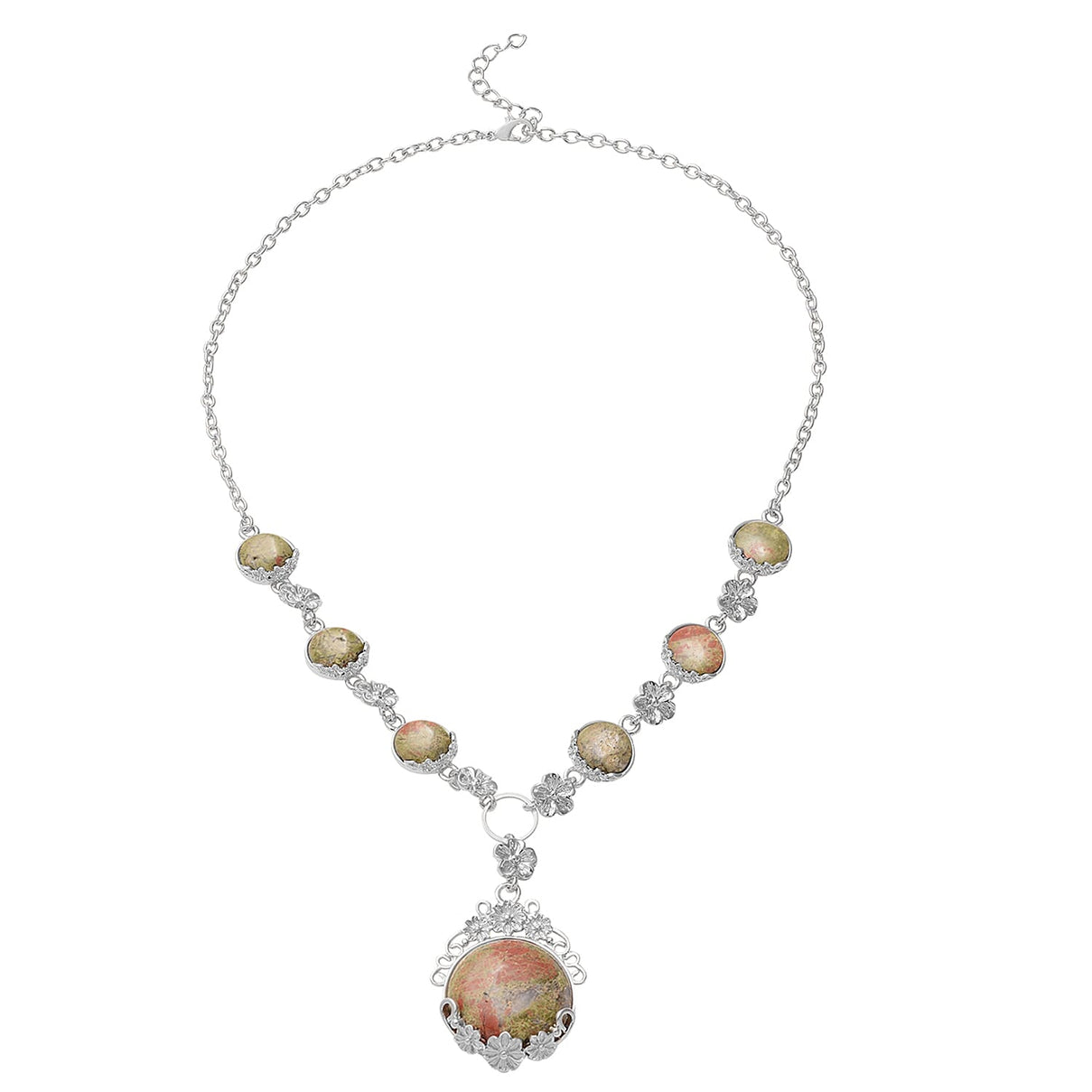 2 Piece Set - Unakite Station Necklace (Size 20) and Stud Earrings in Silver Tone 4045150 4