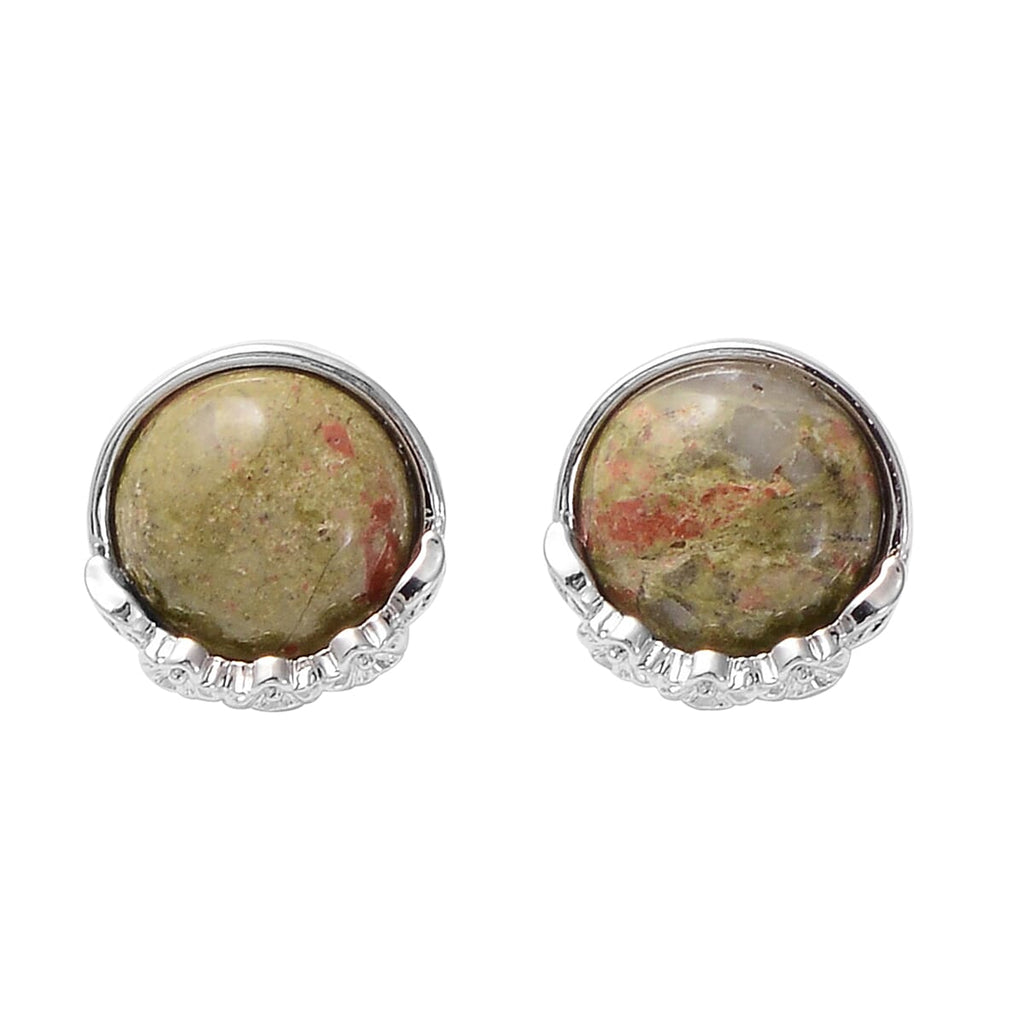 2 Piece Set - Unakite Station Necklace (Size 20) and Stud Earrings in Silver Tone