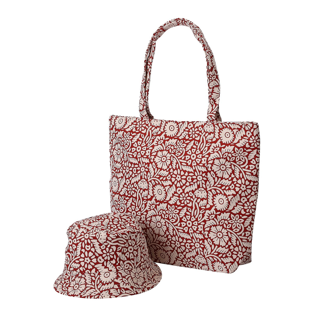 2 Piece Set - Floral Pattern Handbag and Hat with Zipper Closure - Red and White 6260299 0