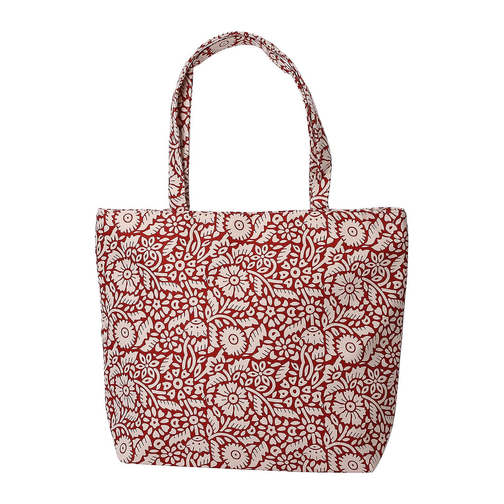 2 Piece Set - Viscose Handbag Floral Matching Stripe Pattern Hat & Tote Bag with Zipper Closure - Red & White