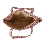 2 Piece Set - Viscose Handbag Floral Matching Stripe Pattern Hat & Tote Bag with Zipper Closure - Red & White