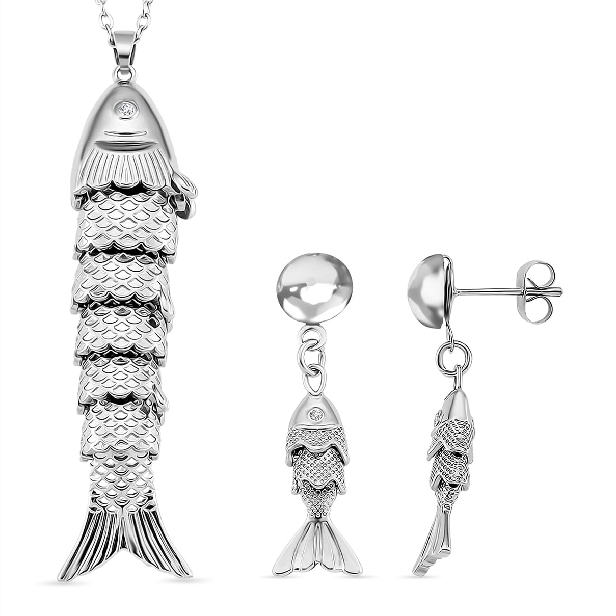 2 Piece Set - White Crystal Fish Earring with Push Back &amp; Pendant with Chain (Size 20 - 2 Ext) in Silver Colour Tone 4415236 0