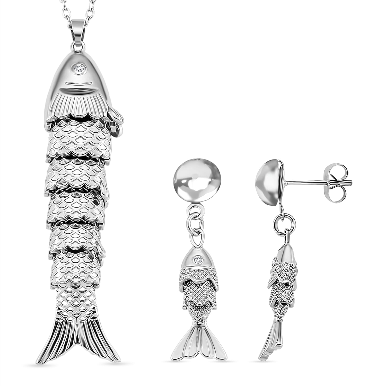 2 Piece Set - White Crystal Fish Earring with Push Back &amp; Pendant with Chain (Size 20 - 2 Ext) in Silver Colour Tone 4415236 0