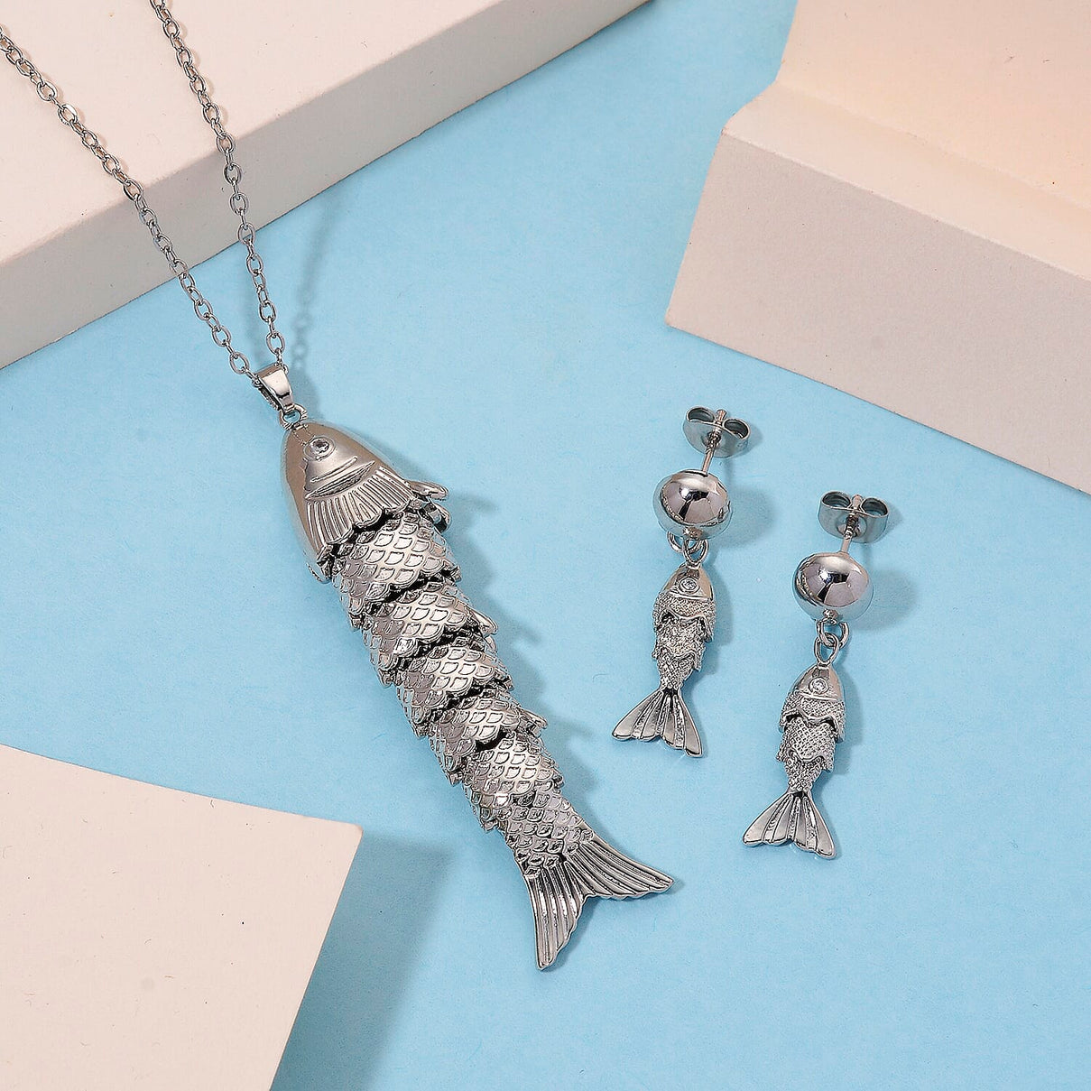 2 Piece Set - White Crystal Fish Earring with Push Back &amp; Pendant with Chain (Size 20 - 2 Ext) in Silver Colour Tone 4415236 2