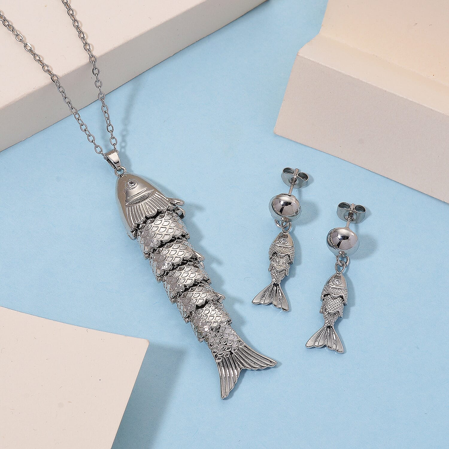 2 Piece Set - White Crystal Fish Earring with Push Back &amp; Pendant with Chain (Size 20 - 2 Ext) in Silver Colour Tone 4415236 2
