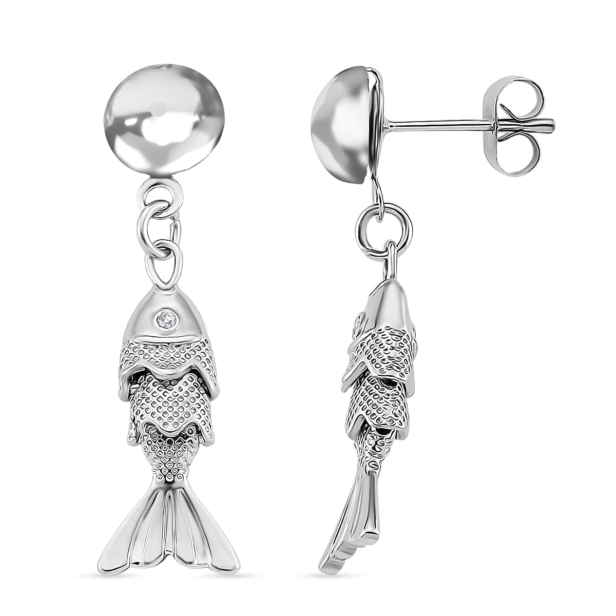 2 Piece Set - White Crystal Fish Earring with Push Back &amp; Pendant with Chain (Size 20 - 2 Ext) in Silver Colour Tone 4415236 6