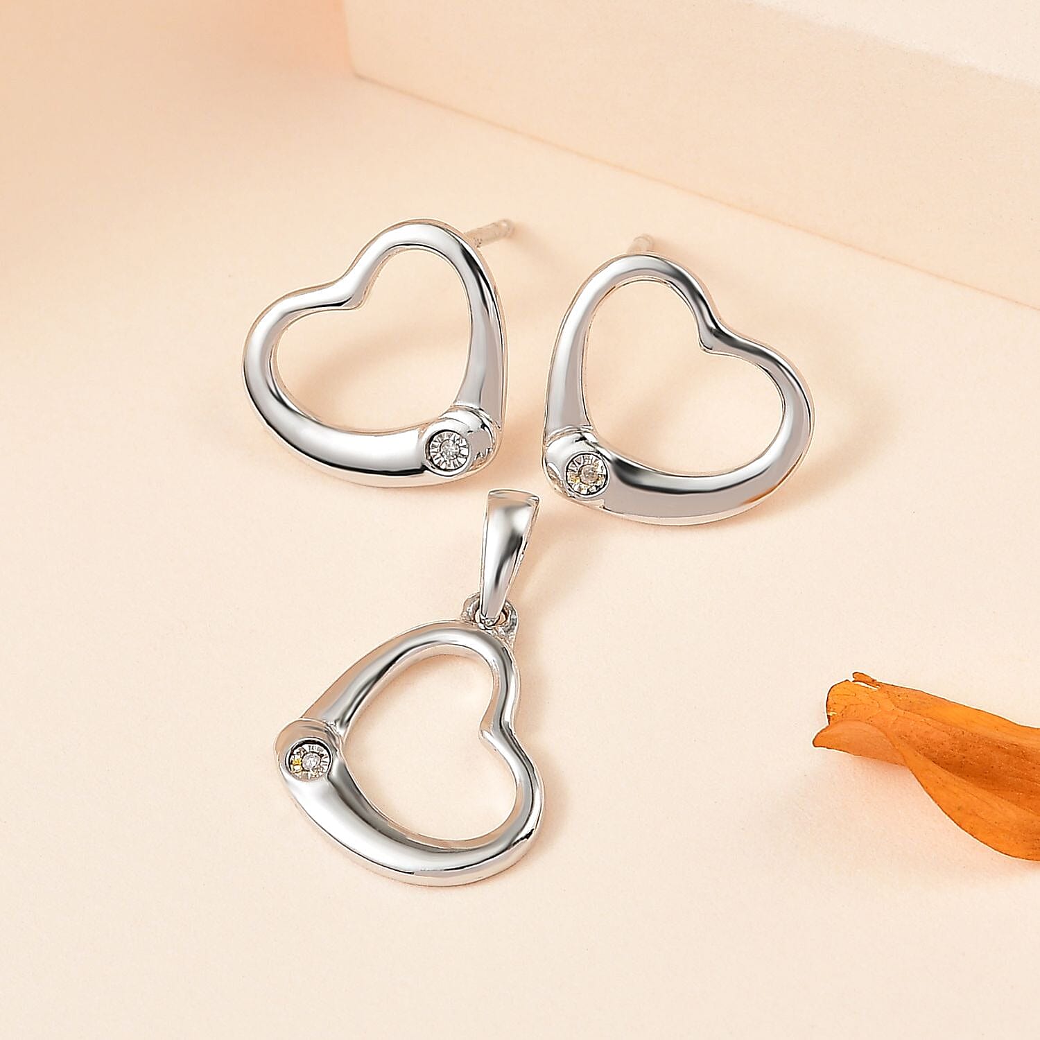One Time Closeout - 2 Piece Set - Diamond Heart Earrings and Pendant 4255965 2