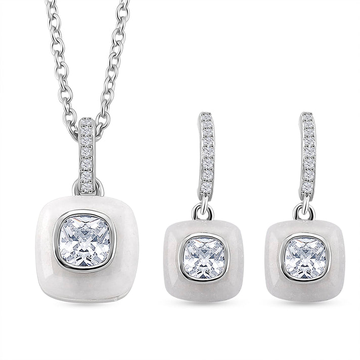 2 Piece Set -  White Jade, White Cubic Zirconia Push Back Earring and Pendant with Chain (Size - 20) in Rhodium Overlay Sterling Silver 7.30 Ct. 4434963 1