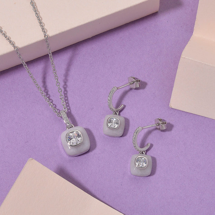 2 Piece Set -  White Jade, White Cubic Zirconia Push Back Earring and Pendant with Chain (Size - 20) in Rhodium Overlay Sterling Silver 7.30 Ct. 4434963 2