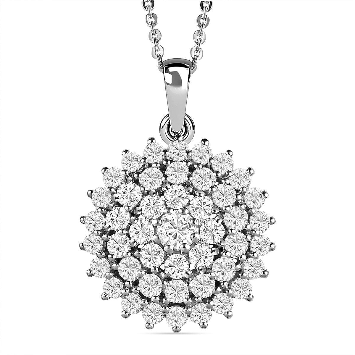 Moissanite Cluster Pendant With Chain (Size - 20 ) in Platinum Overlay Sterling Silver 2.508 Ct, Silver Wt 5.00 Gms 4204673 0