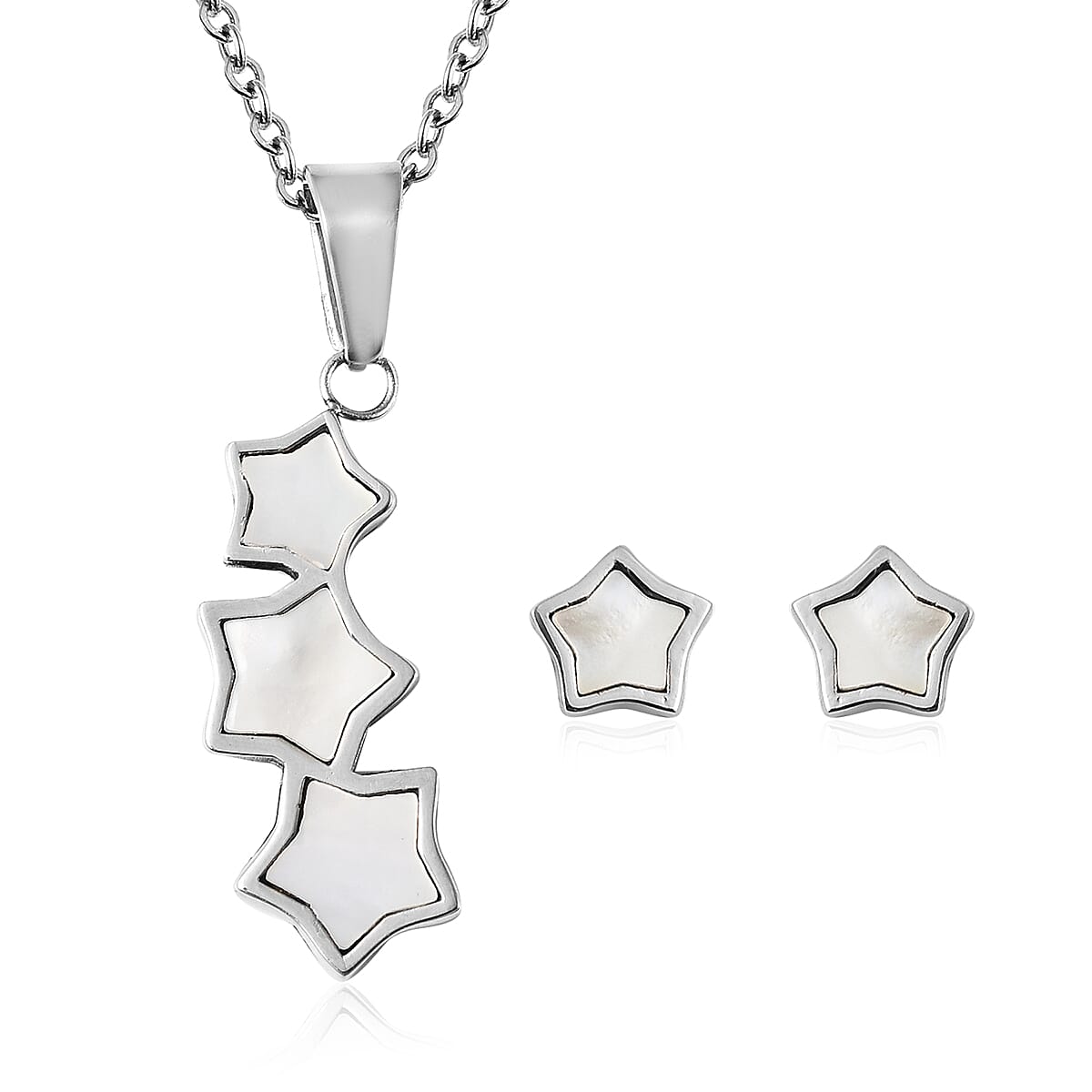 2 Piece Set White Mother of Pearl Star Pendant with Chain 20 Inches and Stud Earrings in Silver Tone 4037866 0
