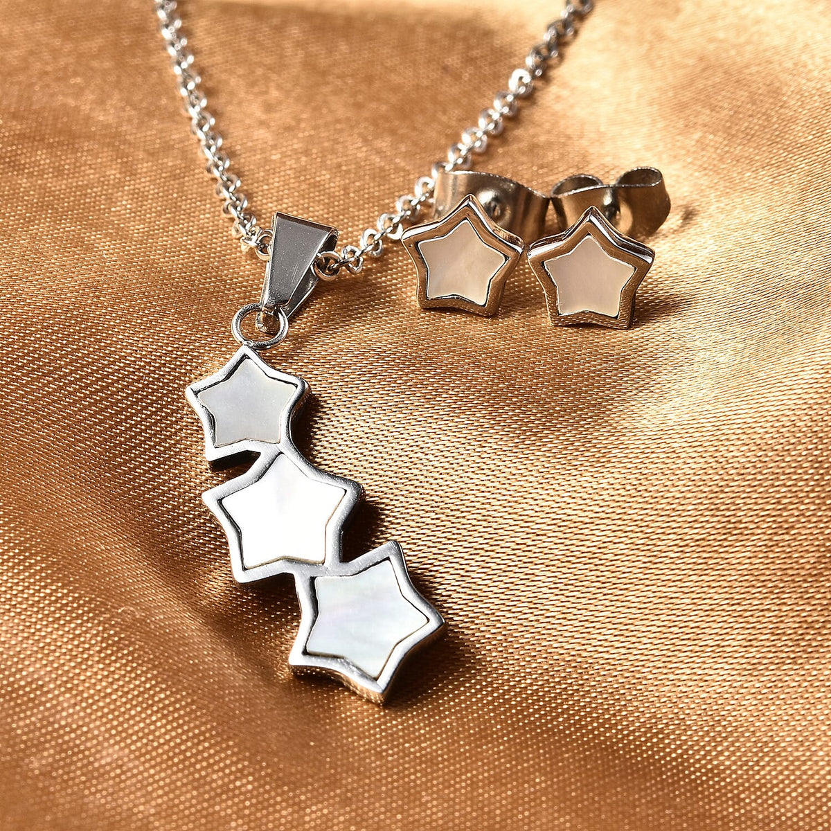 2 Piece Set White Mother of Pearl Star Pendant with Chain 20 Inches and Stud Earrings in Silver Tone 4037866 2
