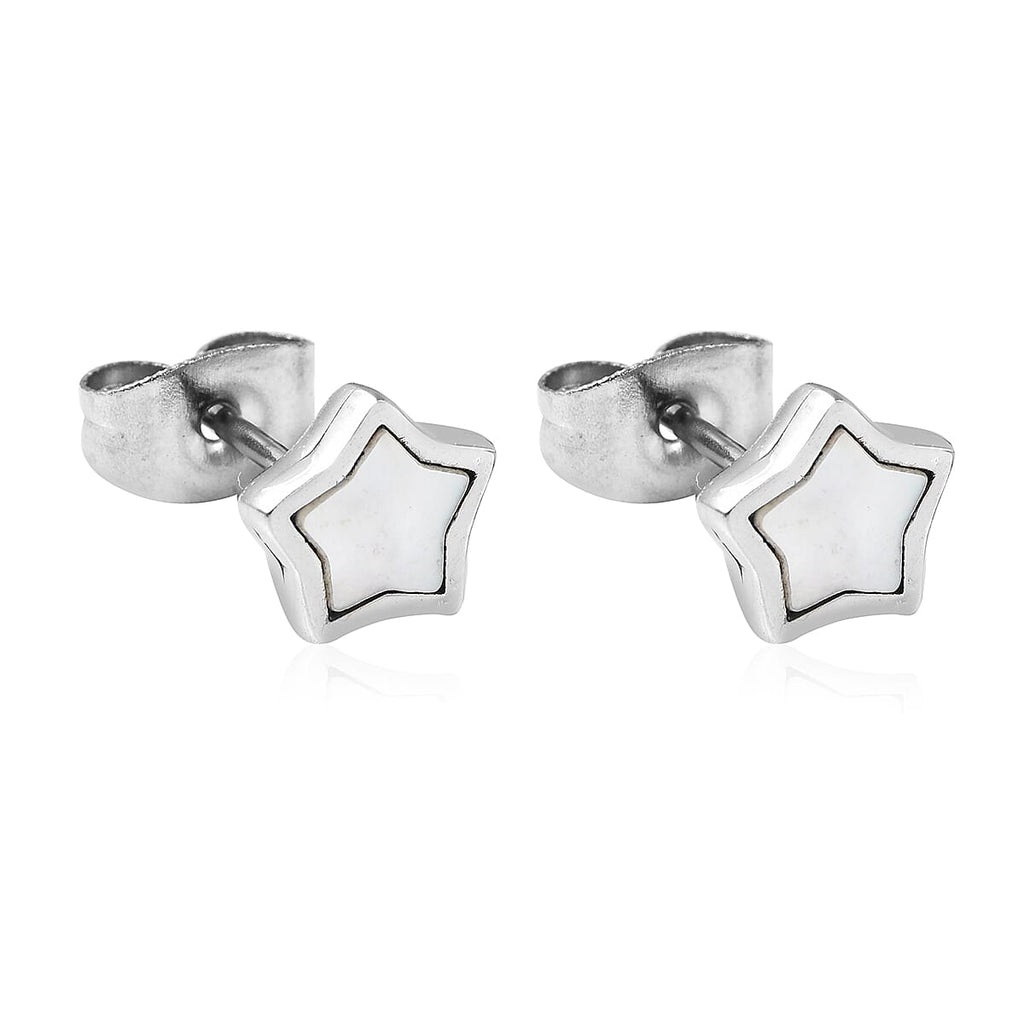 2 Piece Set -  White Mother of Pearl Star Necklace (Size 20) and Earrings (with Push Back) in Stainless Steel